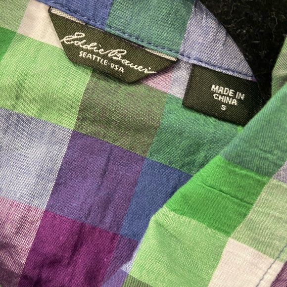 Eddie Bauer Size S Cotton Roll Tab Sleeve Button Down Shirt Green Purple Check - Picture 9 of 12